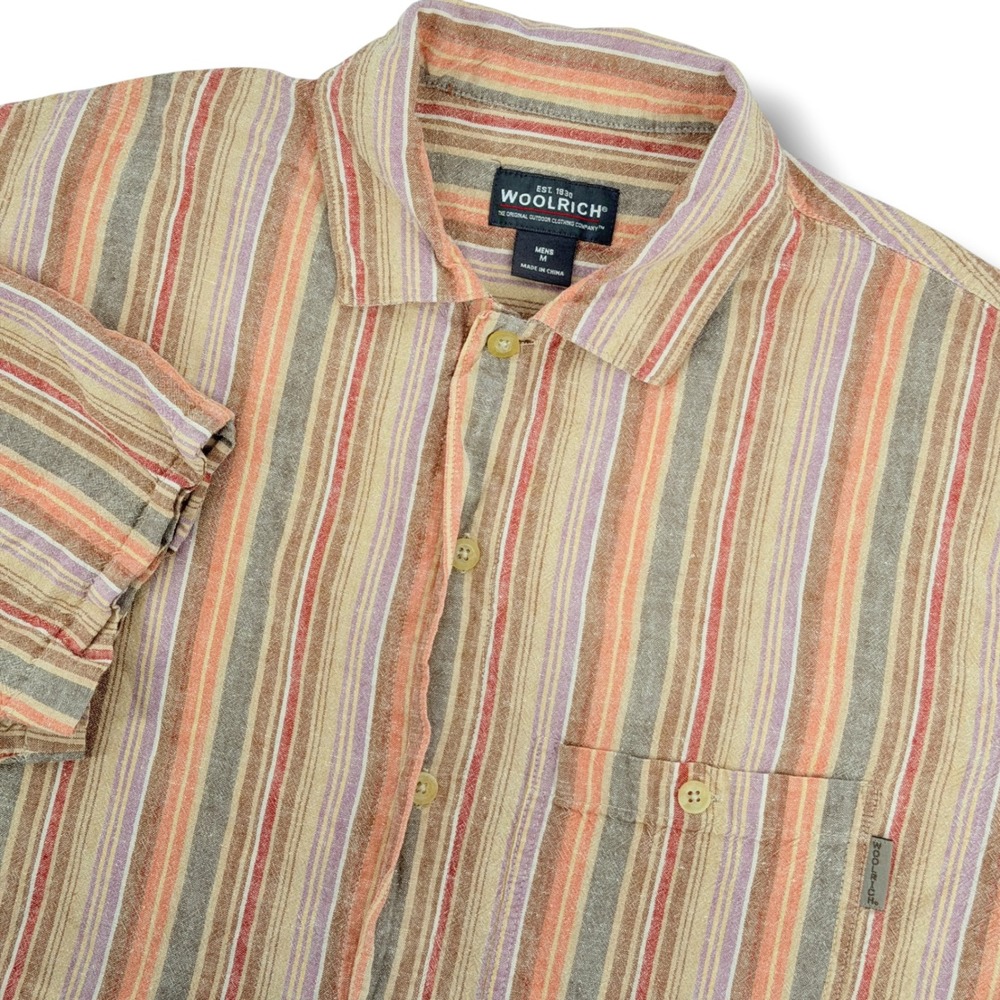 Woolrich Button Down Shirt Mens M Multi Stripe Linen Cotton Blend Short Sleeve